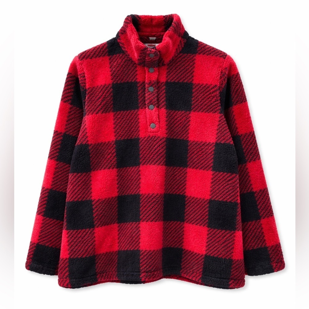 J. Jill Buffalo Plaid Sherpa Pullover Red Black Check Cozy Fleece Snap Collar M